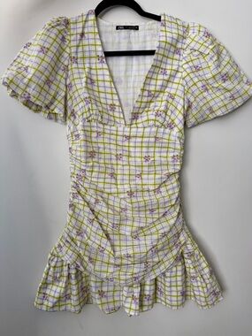 ZARA White Lime Lilac Plaid Floral V-Neck Ruched Puff Sleeve Mini Dress Small